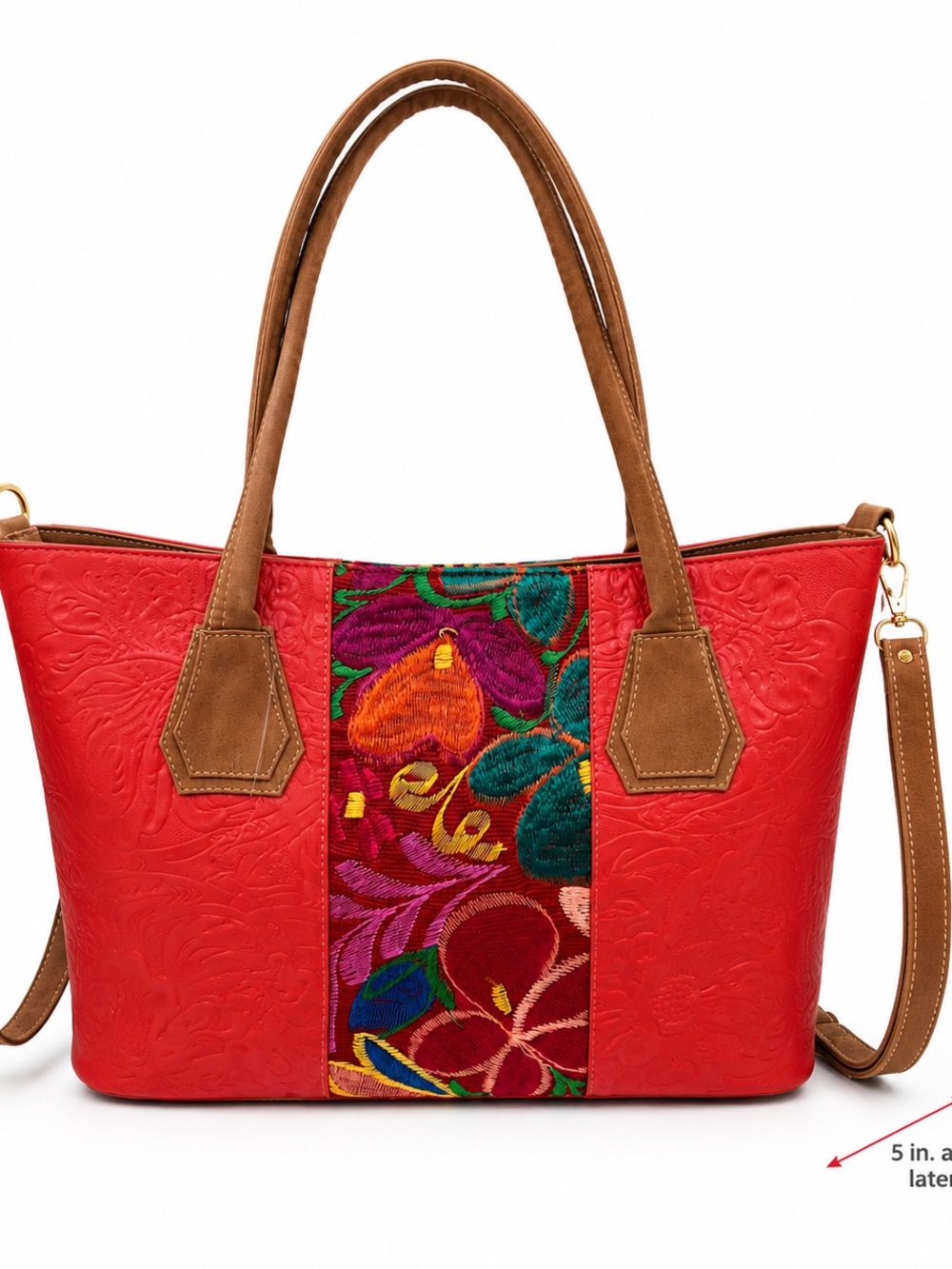 Red Floral Accent Tote Bag with Tan Handles